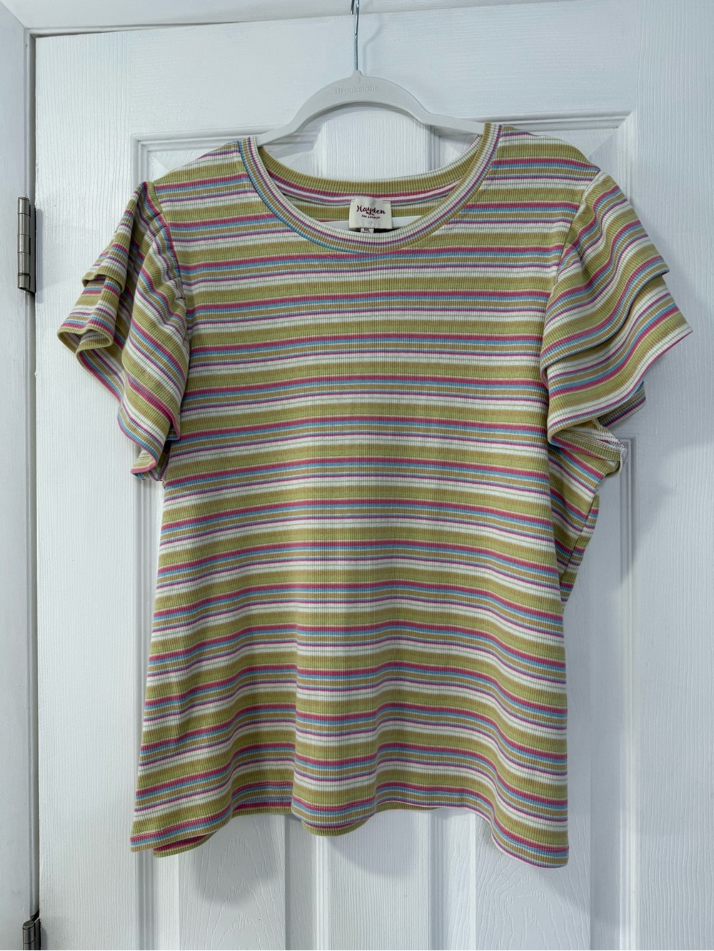 Hayden Los Angeles Multi-Stripe Ruffle Sleeve Tee in Green/pink/blue stripe